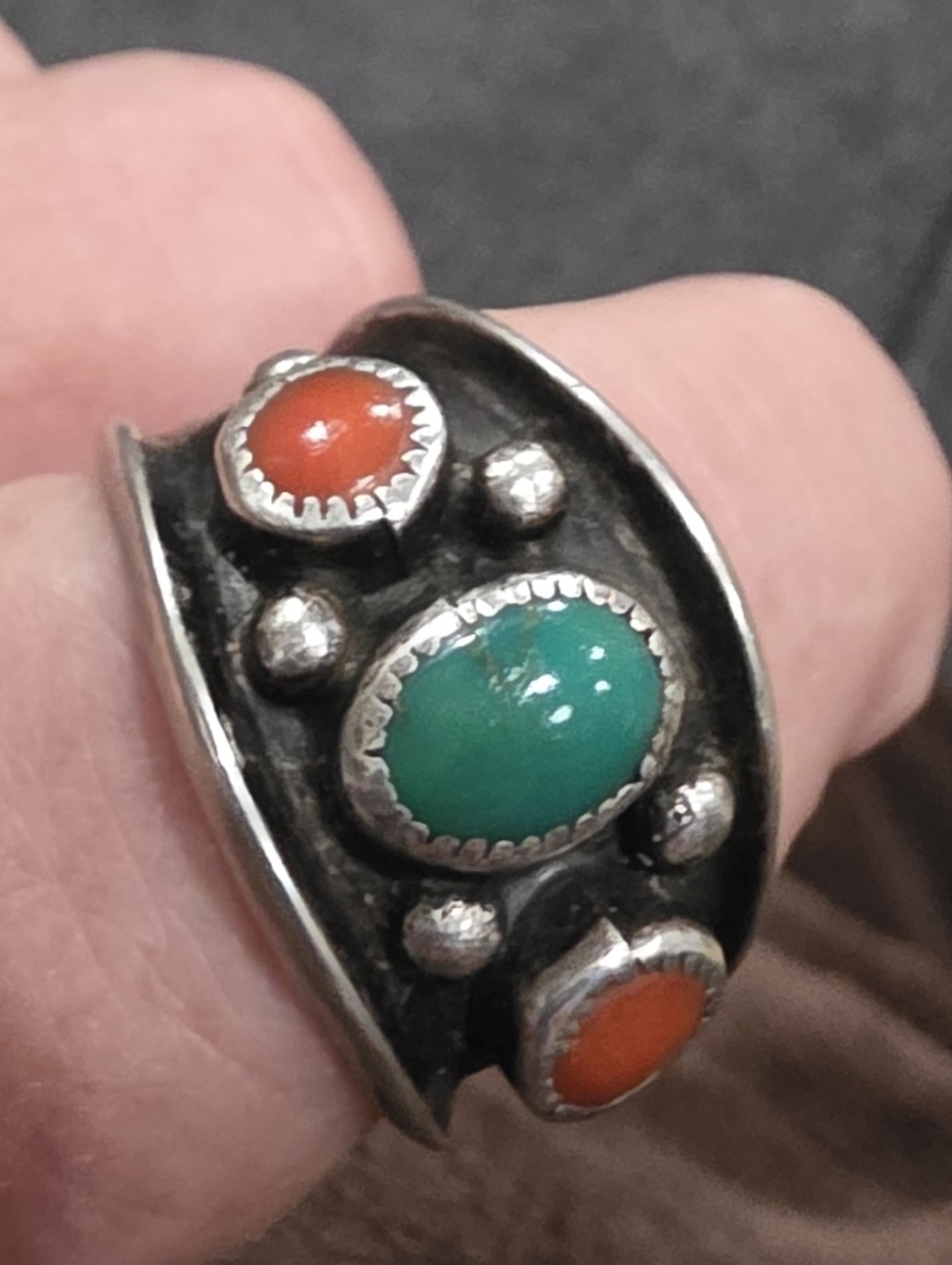 Size 8.5 Navajo Ring, Turquoise And Coral